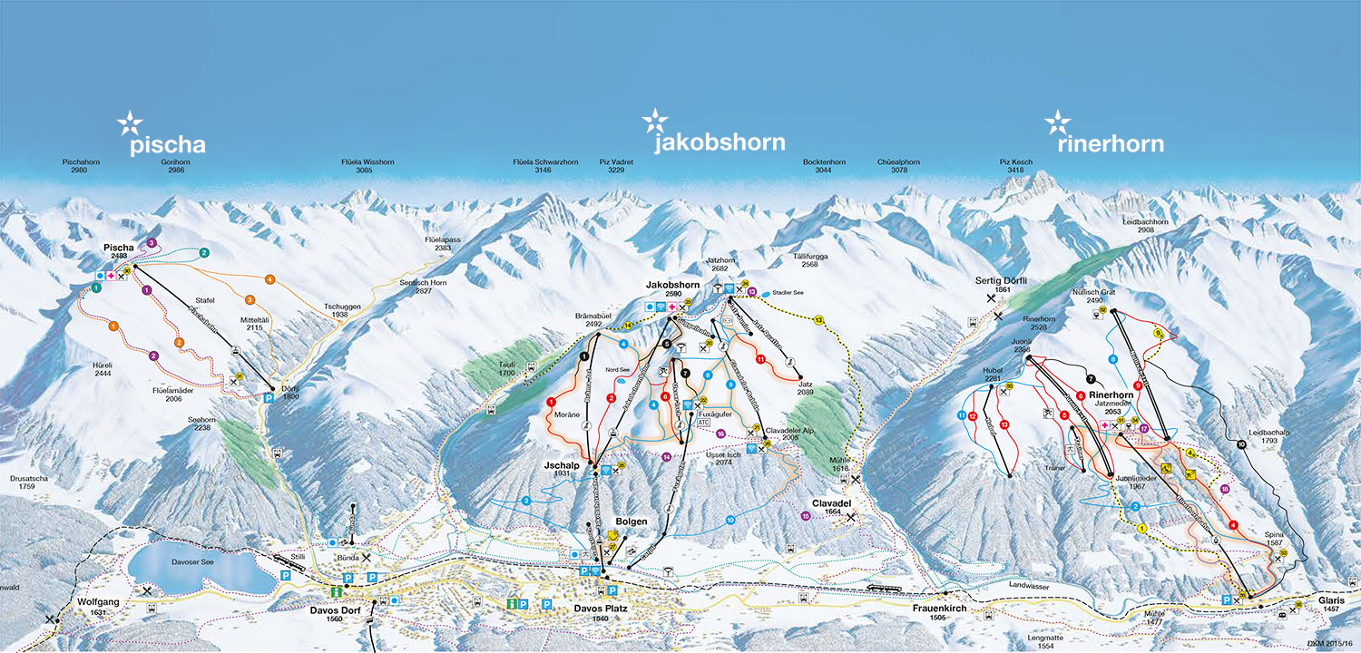 davos Pischa, Jakobshorn, Rinerhorn Piste Map